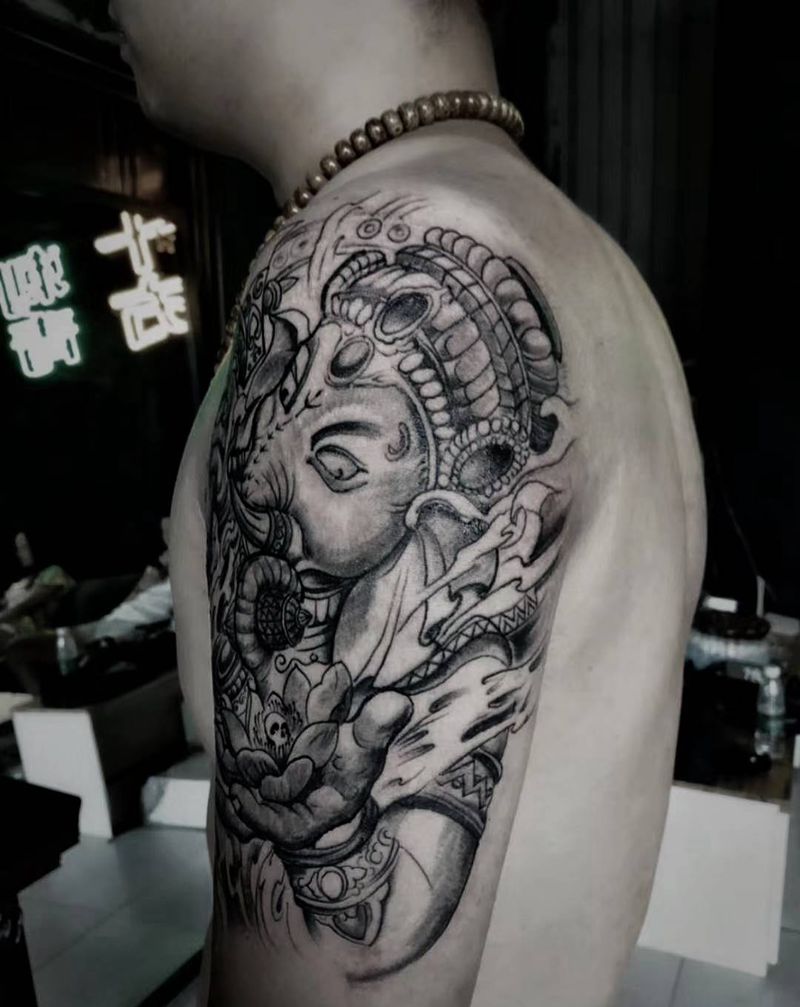 象神纹身图片_手臂新传统象神纹身图案