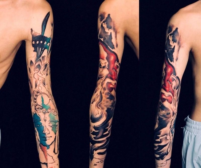 水墨花臂纹身图片_水墨纹身图案