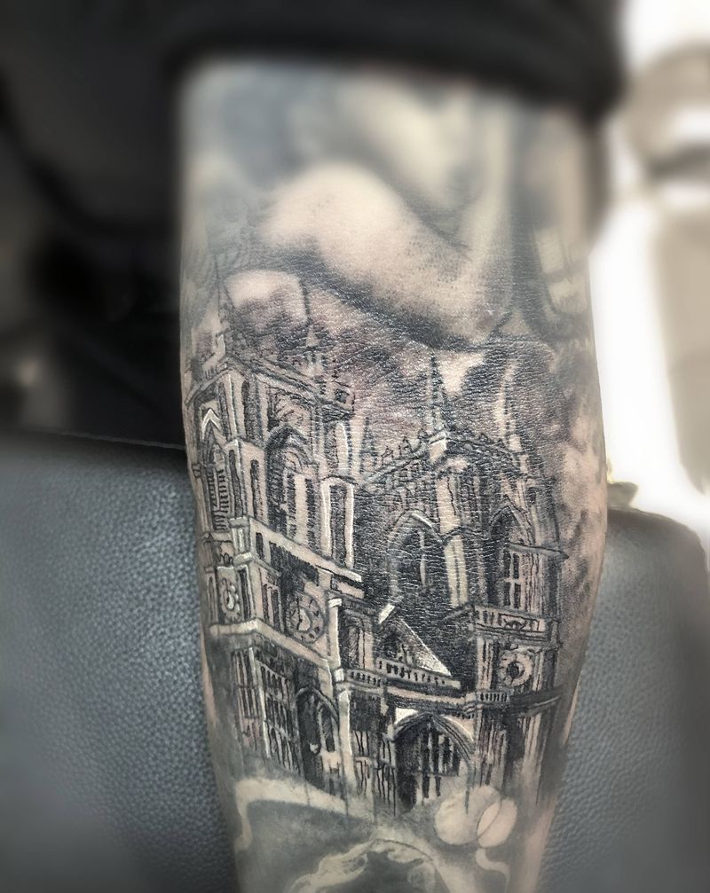 遮盖教堂纹身图片_手臂欧美写实教堂纹身图案