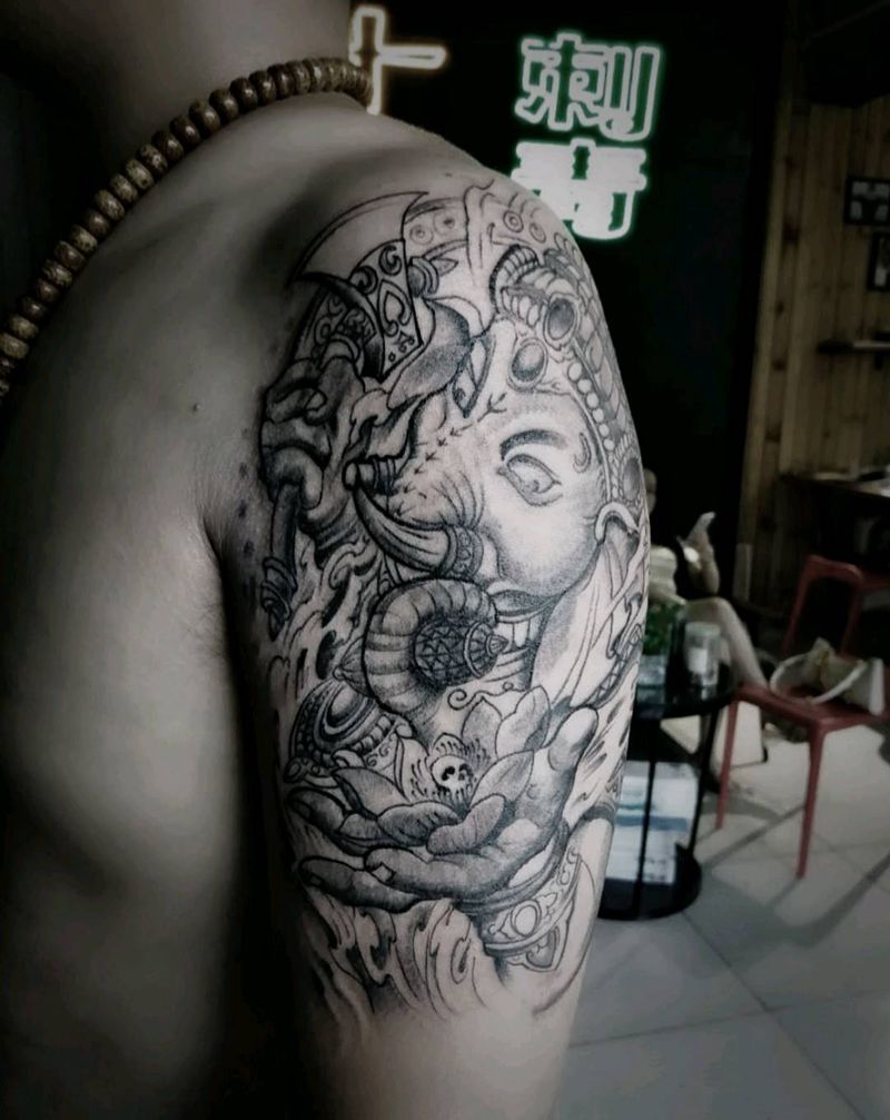 象神纹身图片_手臂新传统纹身图案