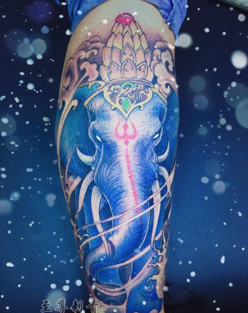 六牙神象纹身图片_腿部新传统纹身图案