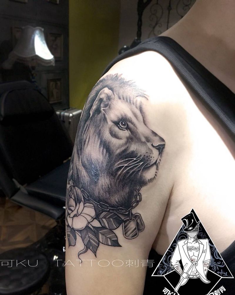 狮子纹身图片_成品手臂欧美写实清新动物静物植物纹身图案