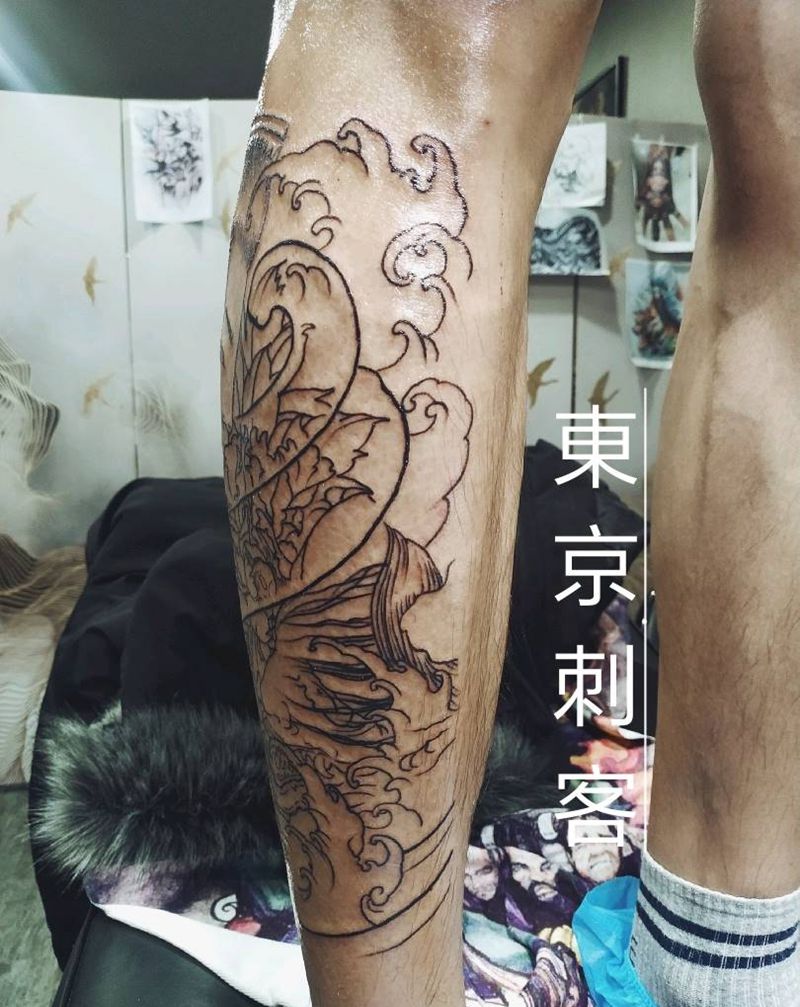 小腿纹身图片_腿部新传统纹身图案