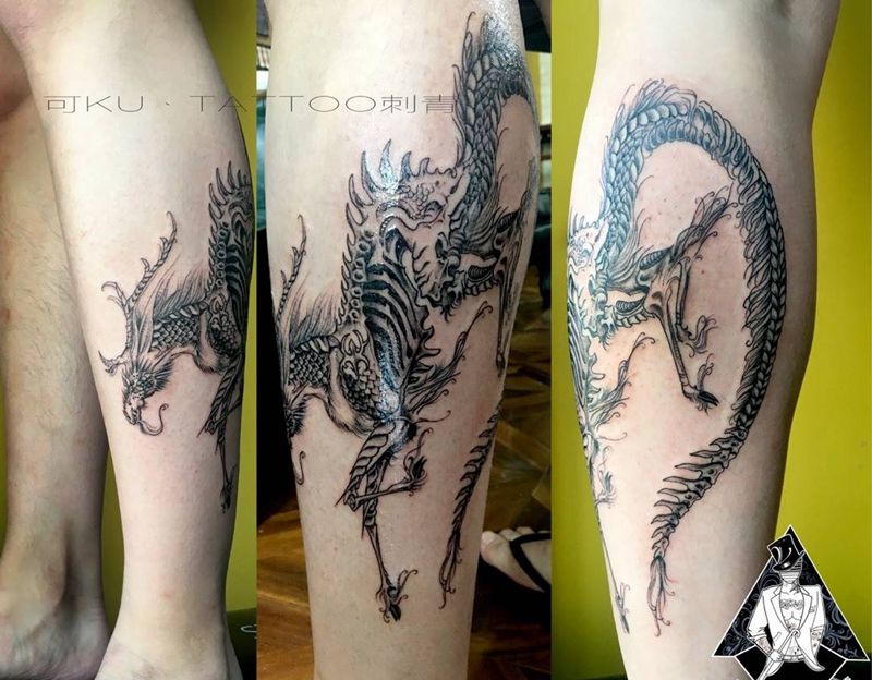 麒麟纹身图片_成品腿部写实几何图腾纹身图案