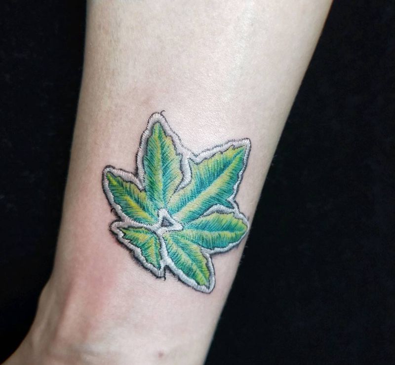3D刺绣纹身图片_手臂水彩New School叶子刺绣3D纹身图案