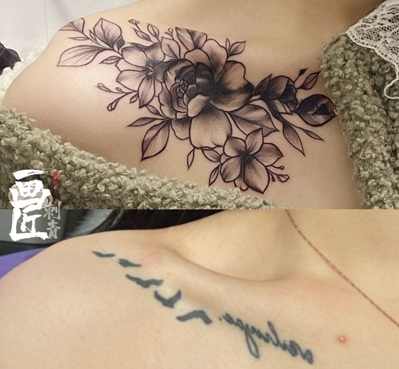 遮盖客拍纹身图片_肩部胸部点刺图腾素花遮盖肩花纹身图案