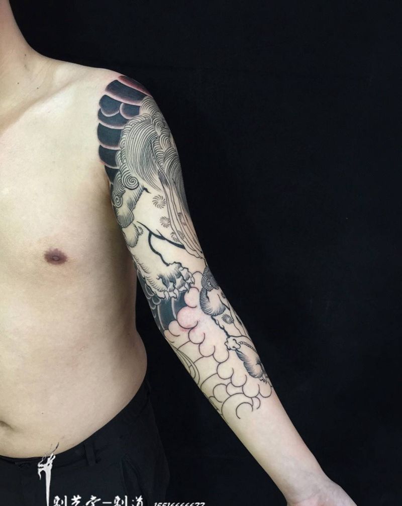 刺艺堂-刺道绘制花臂七分袖～纹身图片_成品手臂手部传统写实清新动物鬼神宗教原创纹身图案