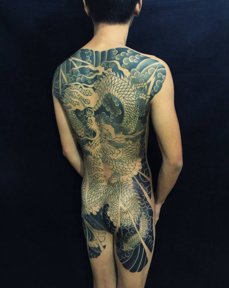 进度百分之五十五～纹身图片_成品背部臀部腿部传统写实国画鬼神动物宗教纹身图案