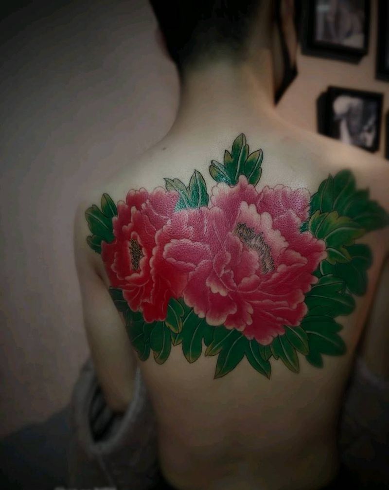 牡丹花开纹身图片_背部纹身图案