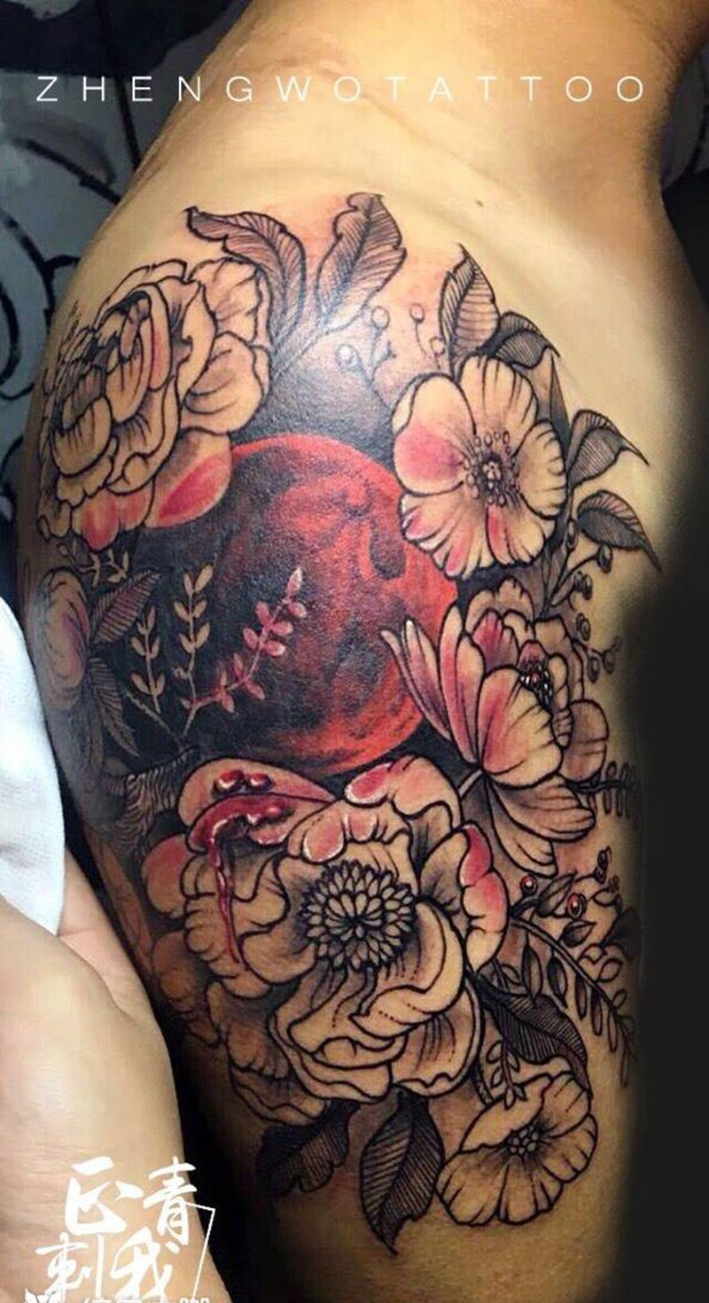 血月花纹身图片_手臂水彩纹身图案