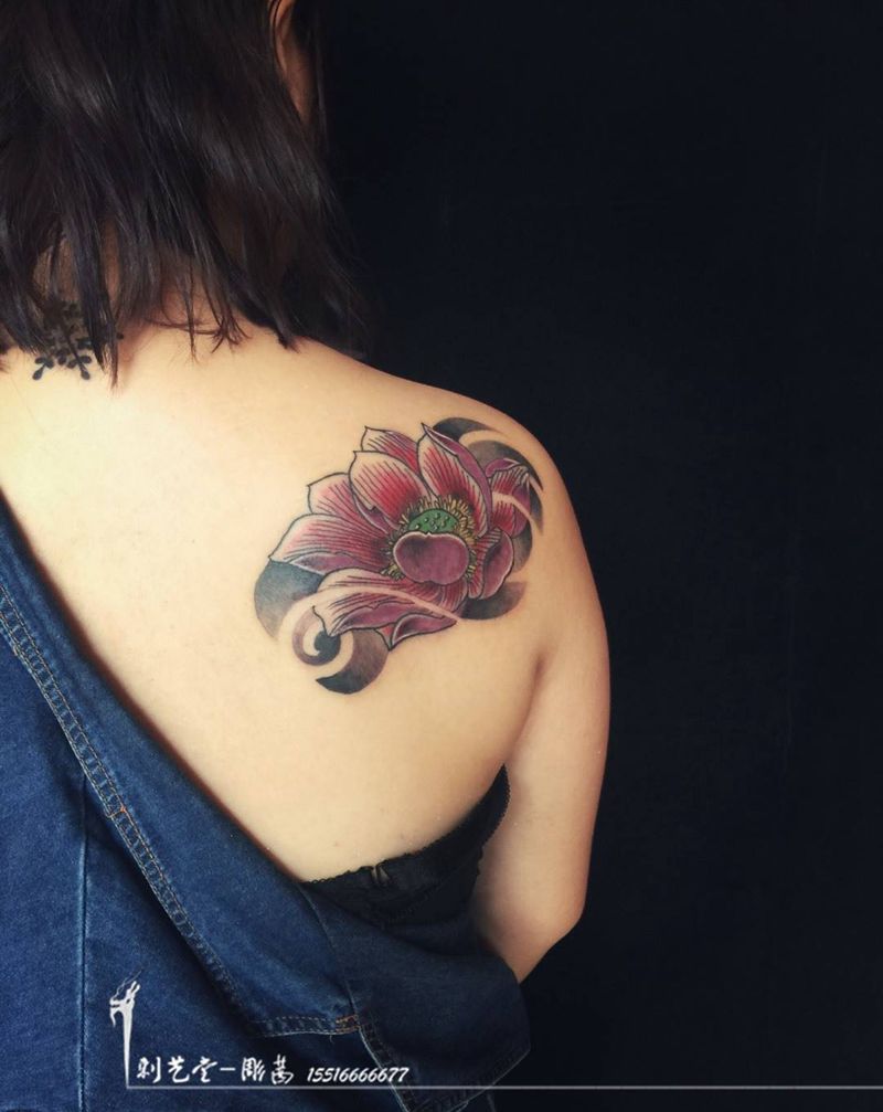 刺艺堂-彫茜作品纹身图片_成品肩部传统风景植物背部手稿清新习俗人物纹身图案