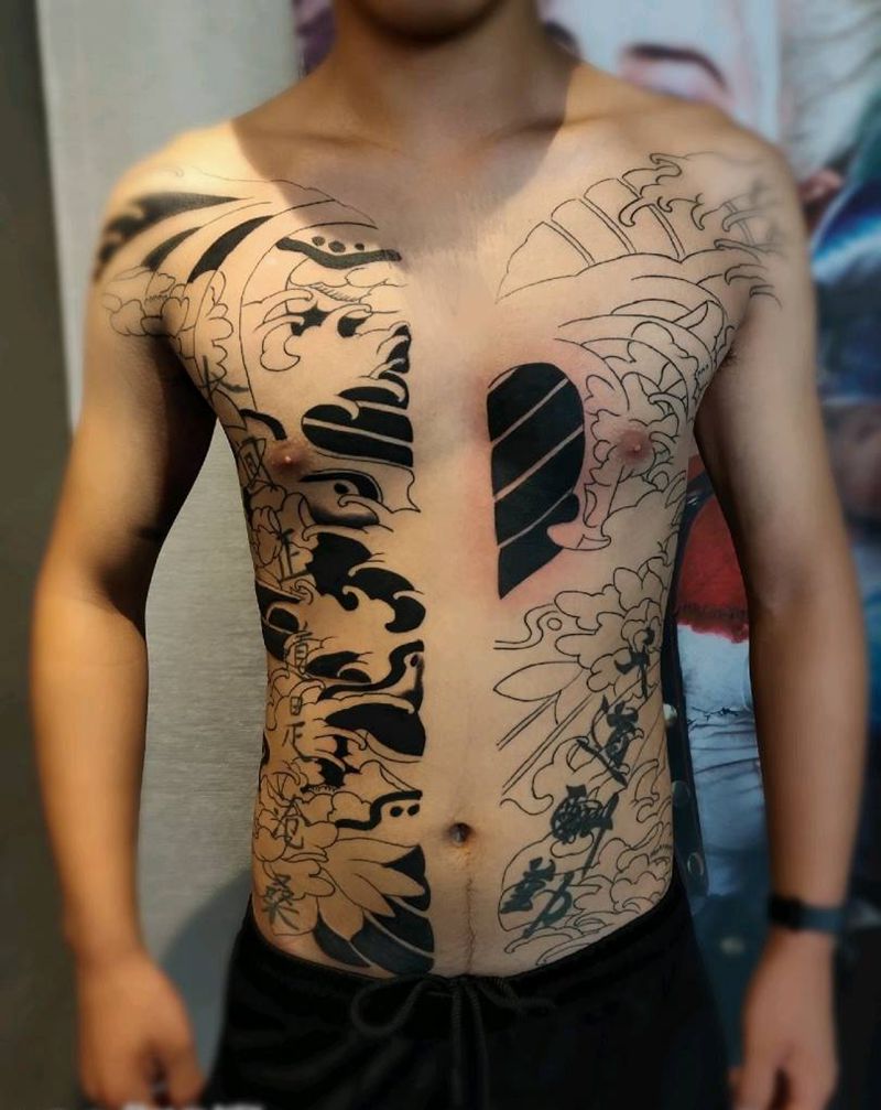 日式开衫慢慢来纹身图片_胸部腹部纹身图案