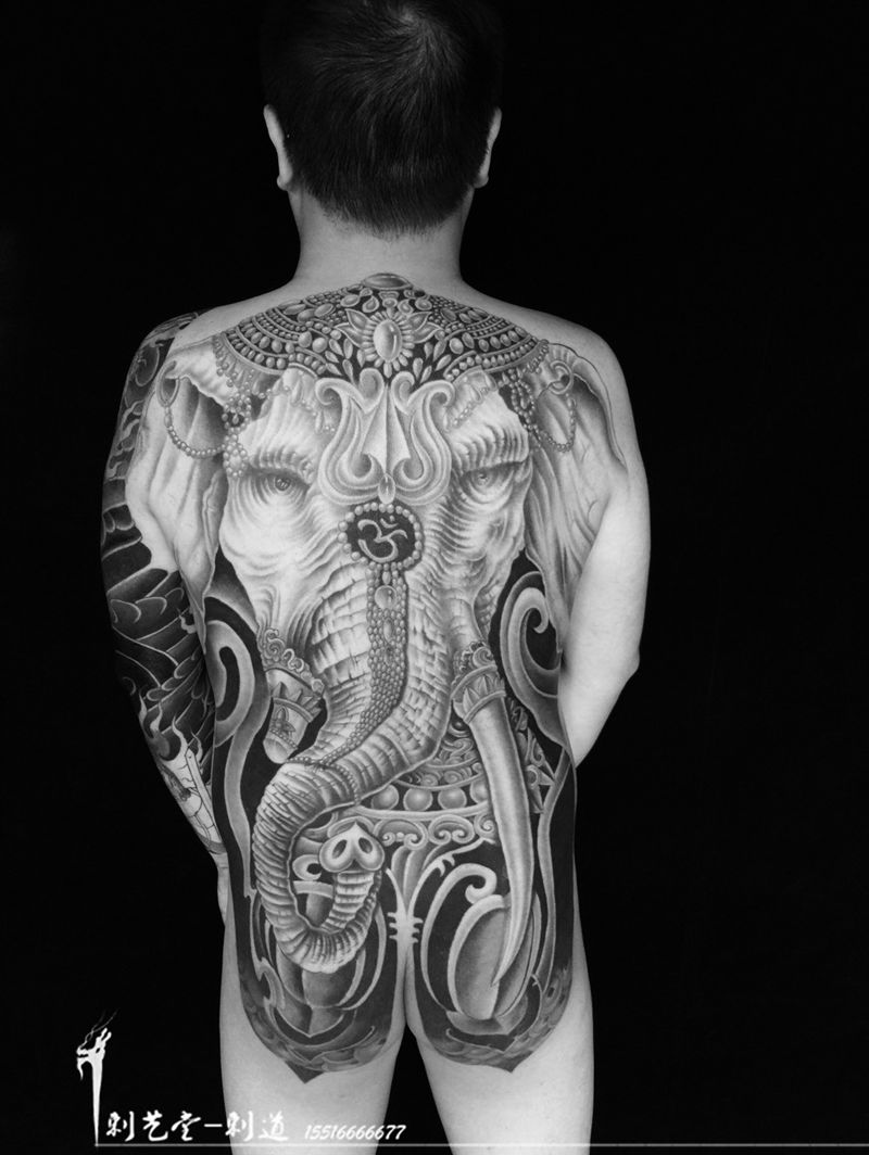 象神已恢复～纹身图片_成品背部写实清新欧美宗教动物鬼神风景纹身图案