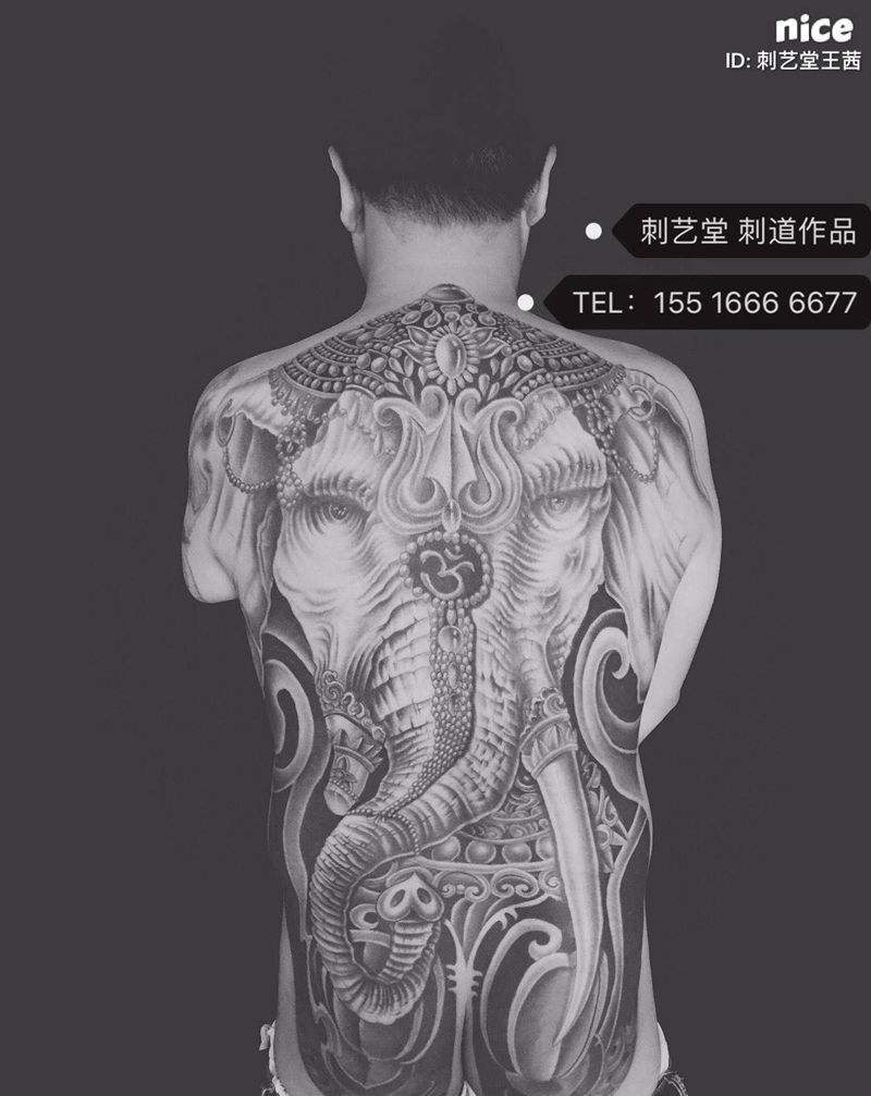 神象纹身图片_成品背部写实纹身图案