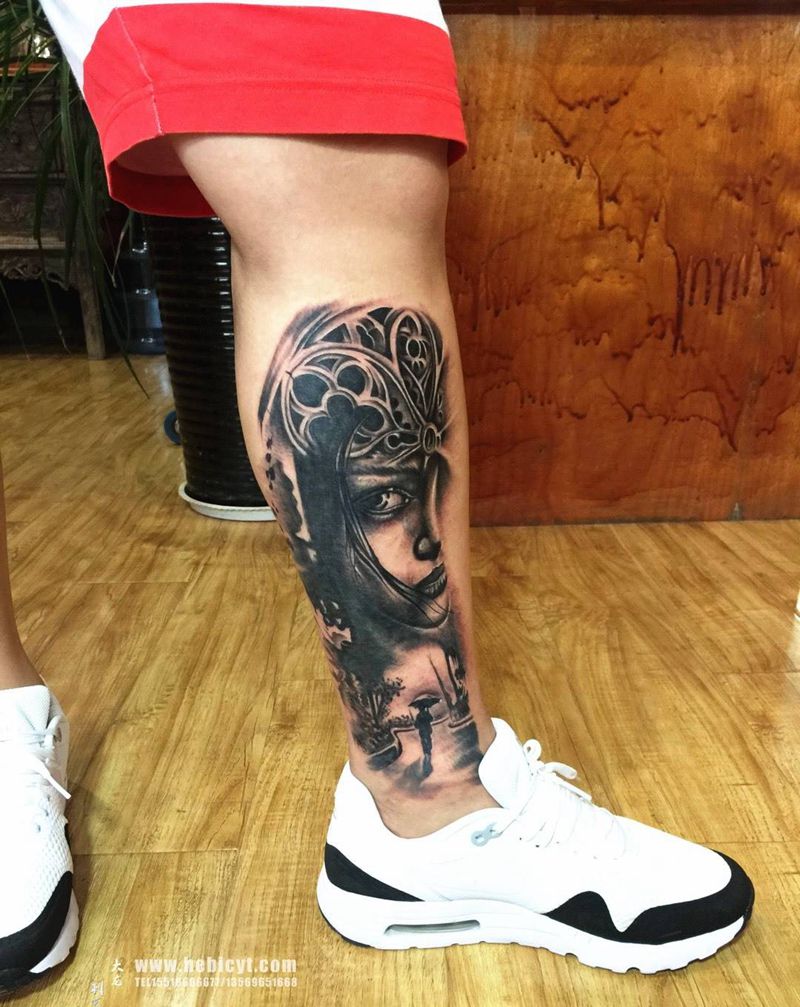 覆盖纹身图片_成品腿部欧美写实肖像人物风景纹身图案
