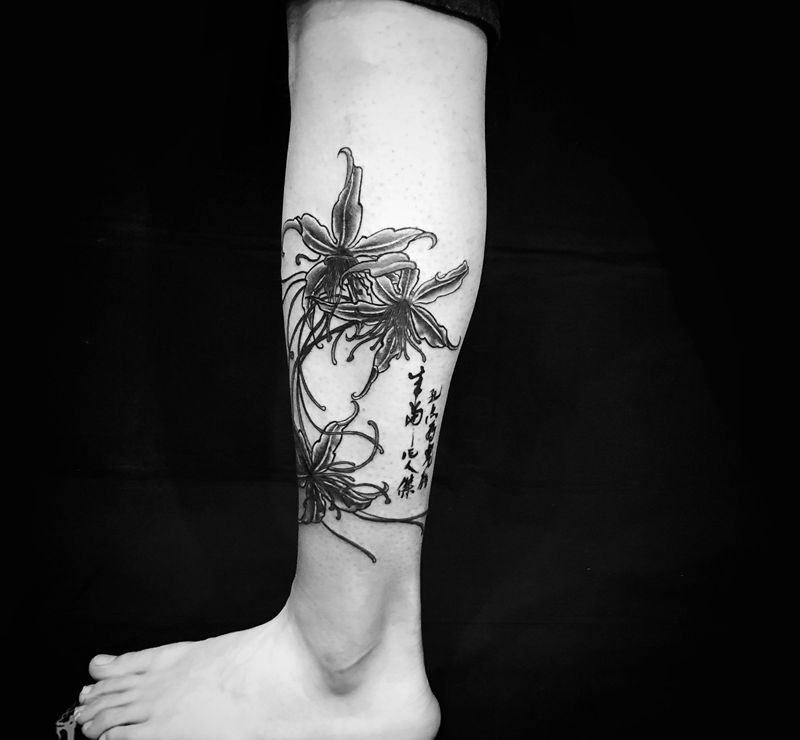 彫茜老师作品 曼珠沙华～纹身图片_腿部纹身图案