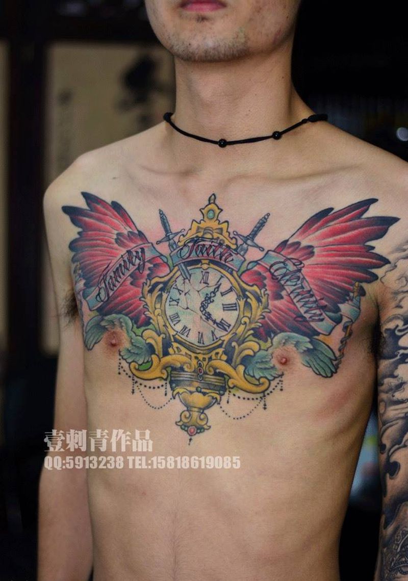 竣工纹身图片_成品胸部欧美纹身图案