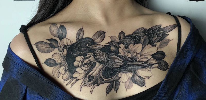 乌鸦纹身图片_胸部背部新传统New School纹身图案