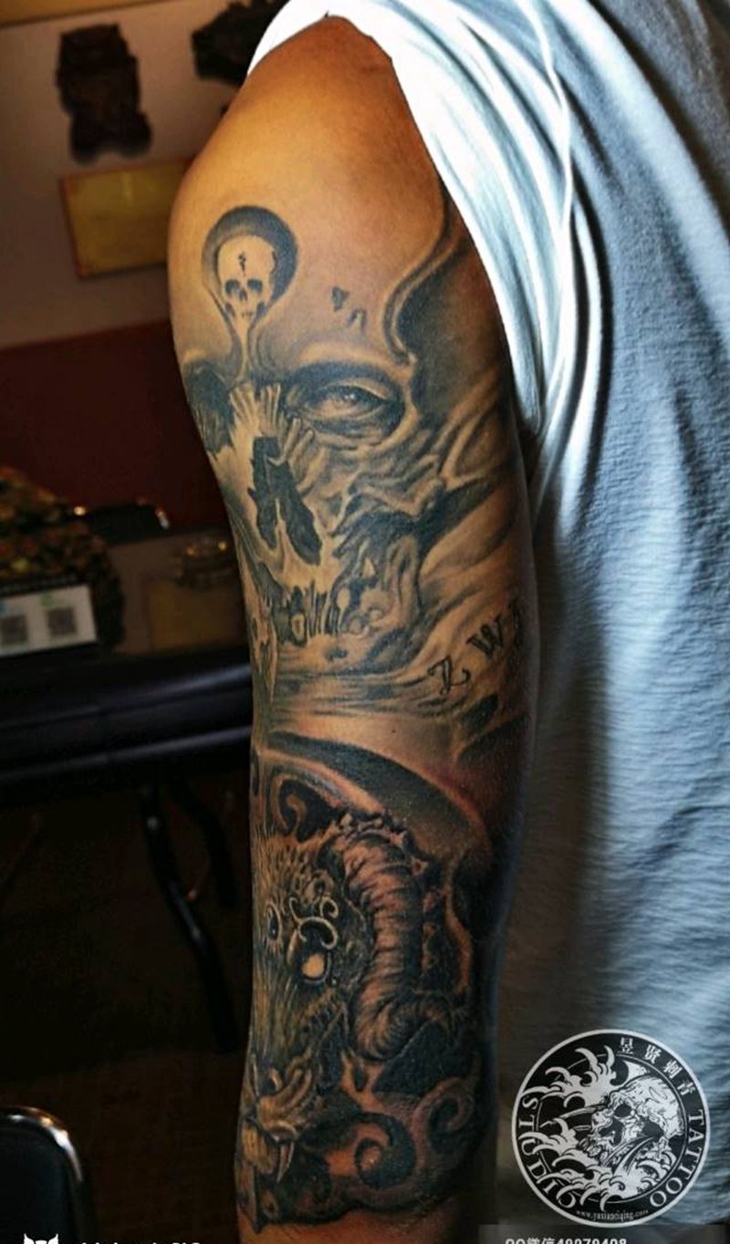 欧美骷髅花臂纹身图片_手臂腿部新传统欧美写实骷髅 欧美花臂纹身图案