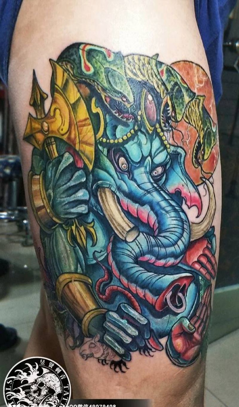 schook重彩 象神纹身图片_腿部背部Old SchoolNew School重彩 象神school 欧美纹身图案