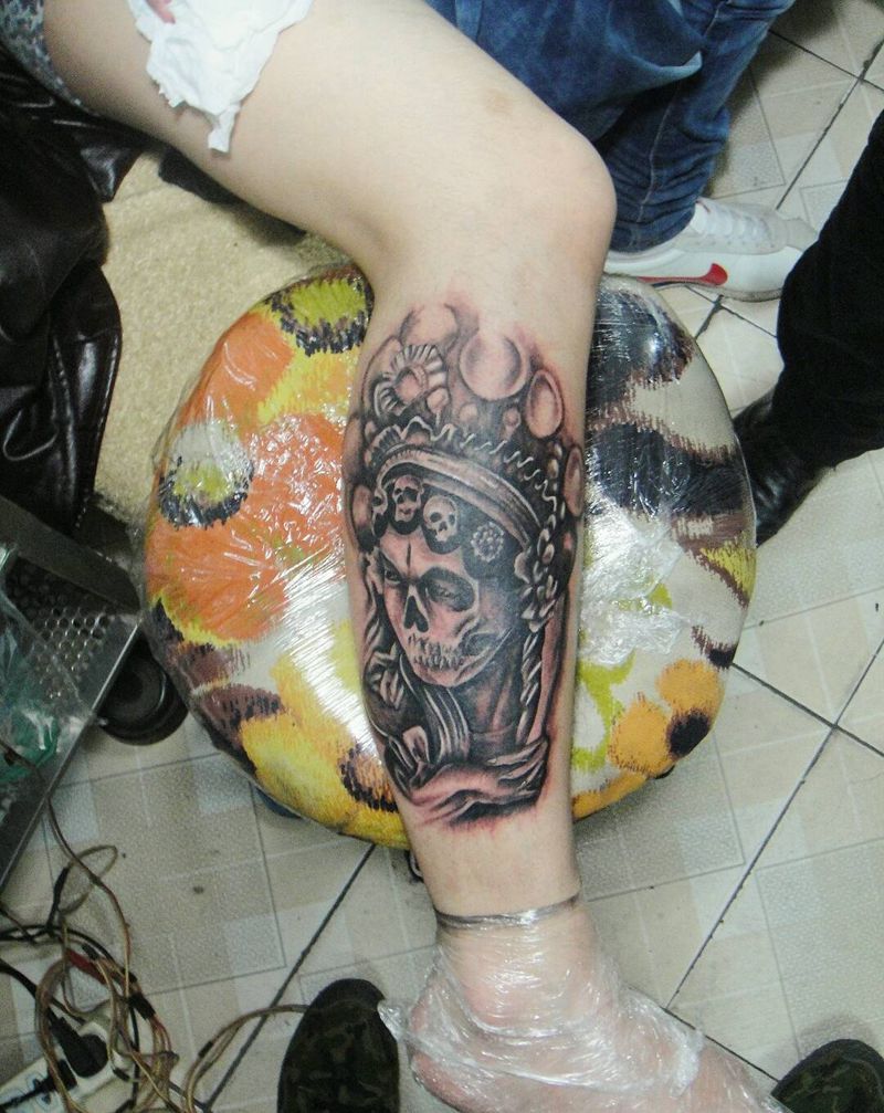 骷髅花旦纹身图片_背部腿部欧美传统人物鬼神骷髅骷髅花旦成品纹身图案