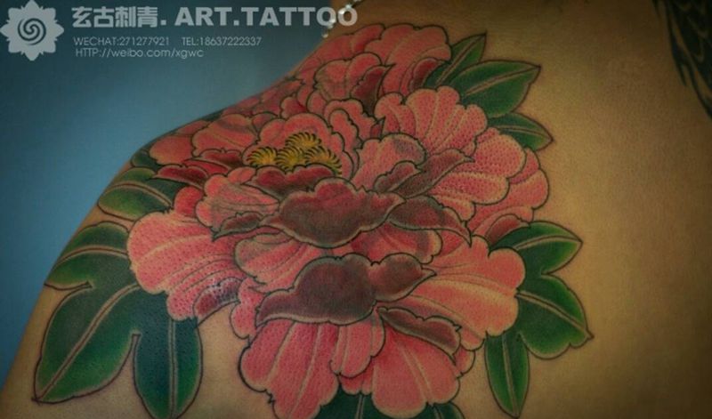 遮盖牡丹纹身图片_肩部背部传统写实国画贴纸植物静物原创成品纹身图案