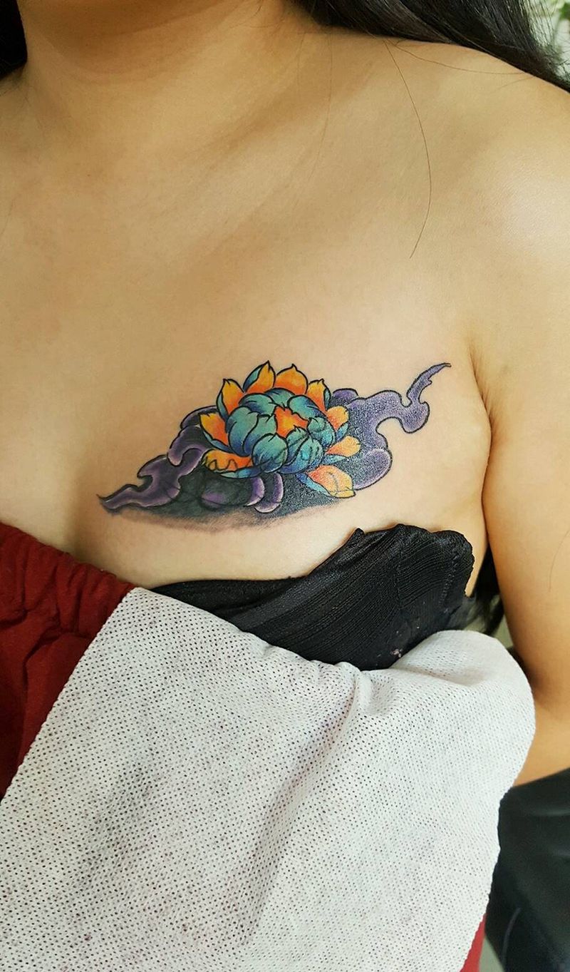 荷花 遮盖后纹身图片_胸部腹部腰部臀部传统清新植物原创花成品纹身图案