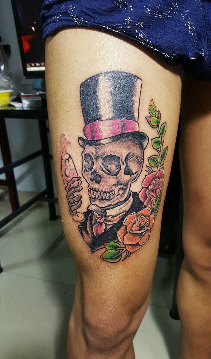 骷髅school纹身图片_胸部腹部腰部背部手臂腿部欧美清新骷髅成品纹身图案