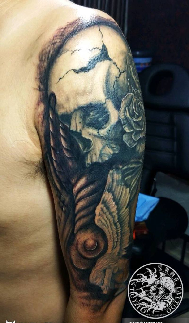 骷髅天使纹身图片_腿部手臂新传统欧美写实原创 遮盖无手稿纹身图案