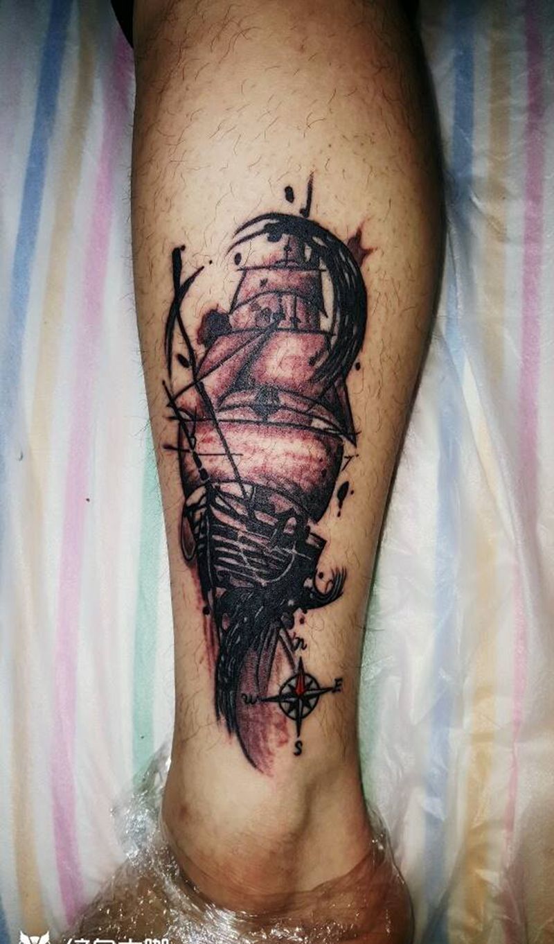 帆船纹身图片_胸部腹部腰部臀部手臂腿部欧美静物帆船成品纹身图案