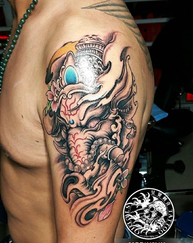 象神纹身图片_背部手臂腿部传统动物人物鬼神宗教象神成品纹身图案