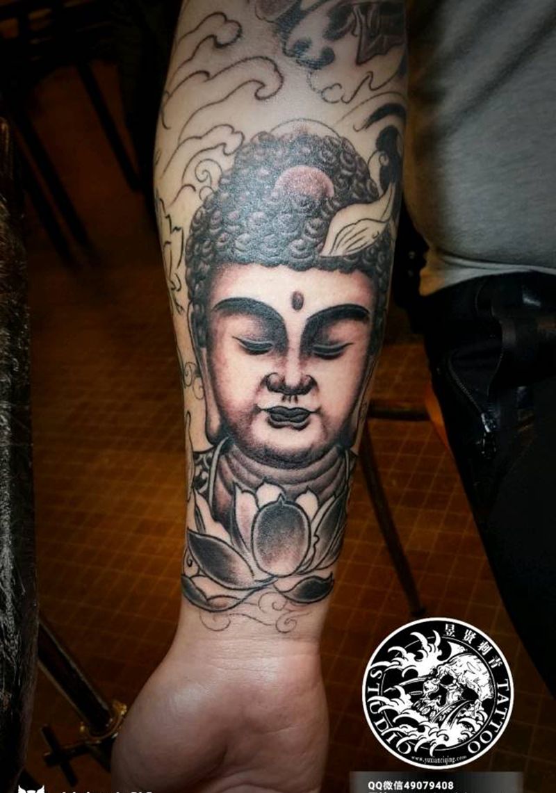 静思生莲纹身图片_手臂腿部新传统老传统佛纹身图案