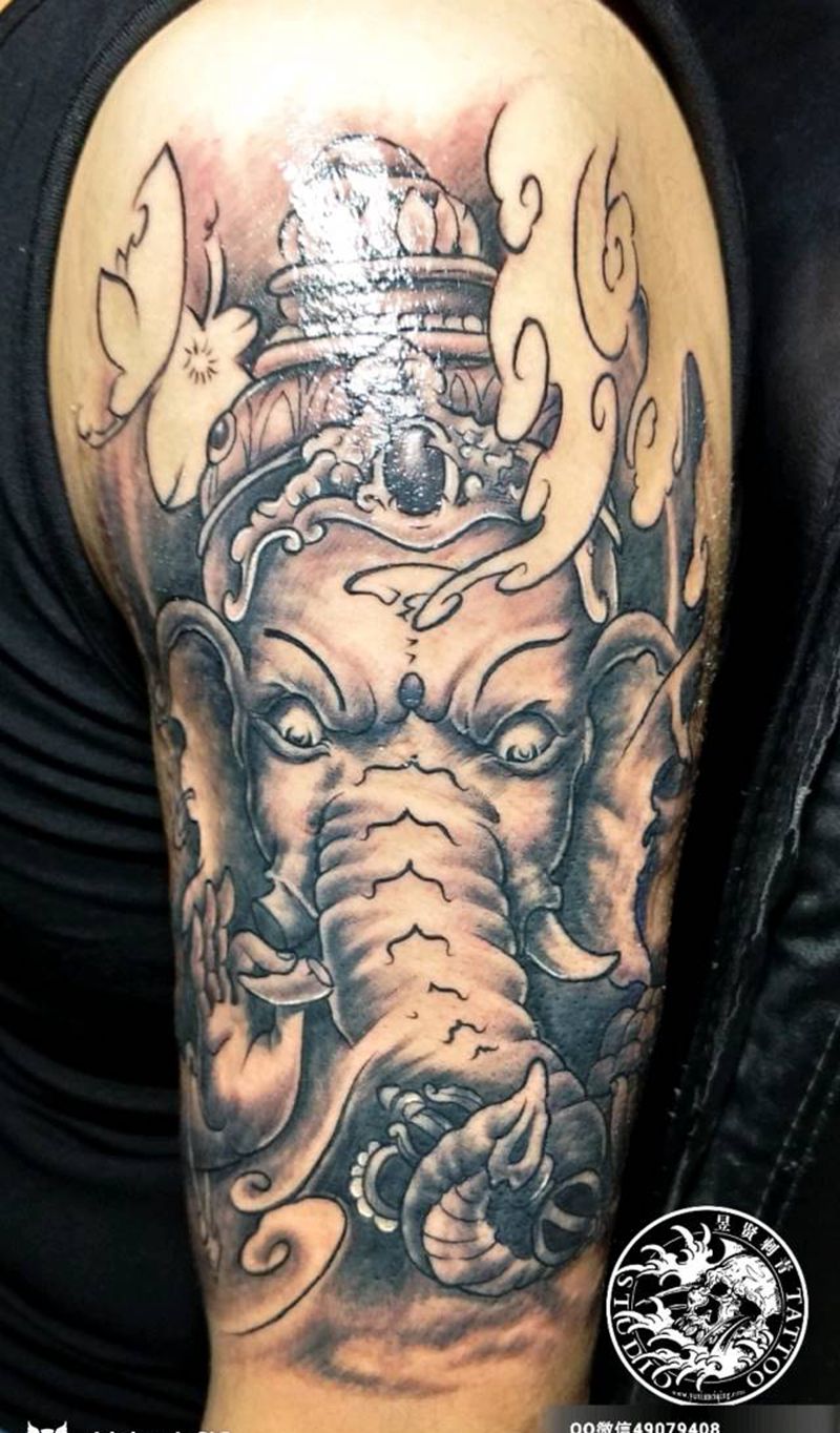 象神纹身图片_肩部手臂新传统老传统纹身图案