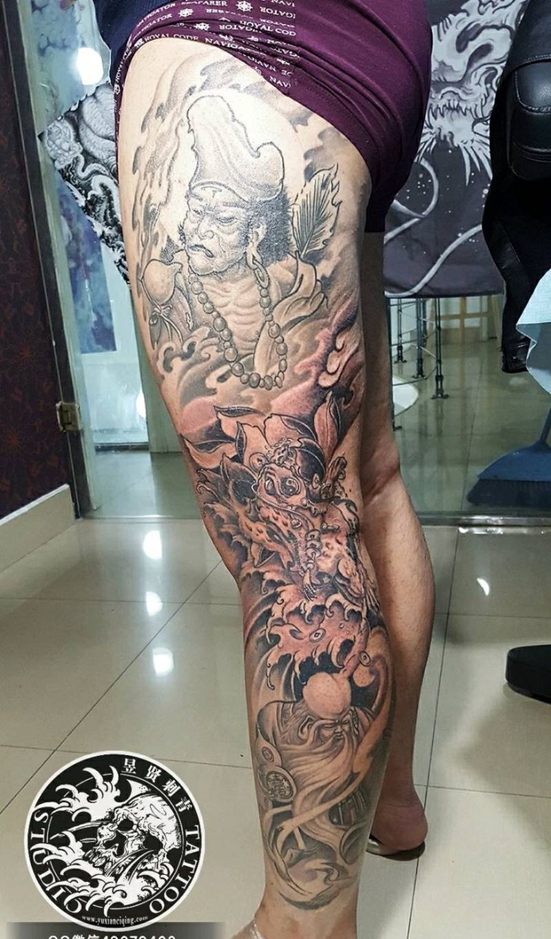 花腿纹身图片_腿部传统动物人物鬼神花腿成品纹身图案
