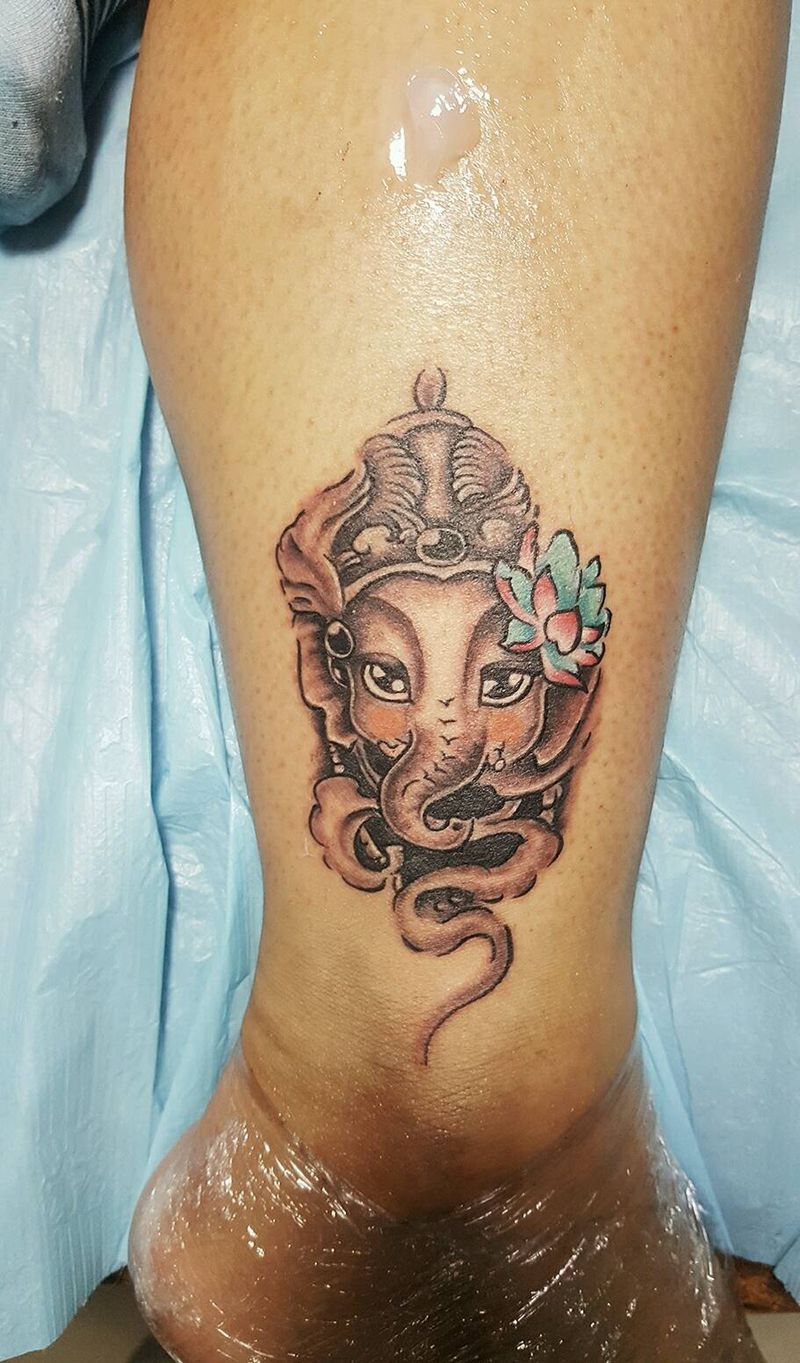 清新小象神纹身图片_腿部传统清新动物鬼神宗教象神成品纹身图案