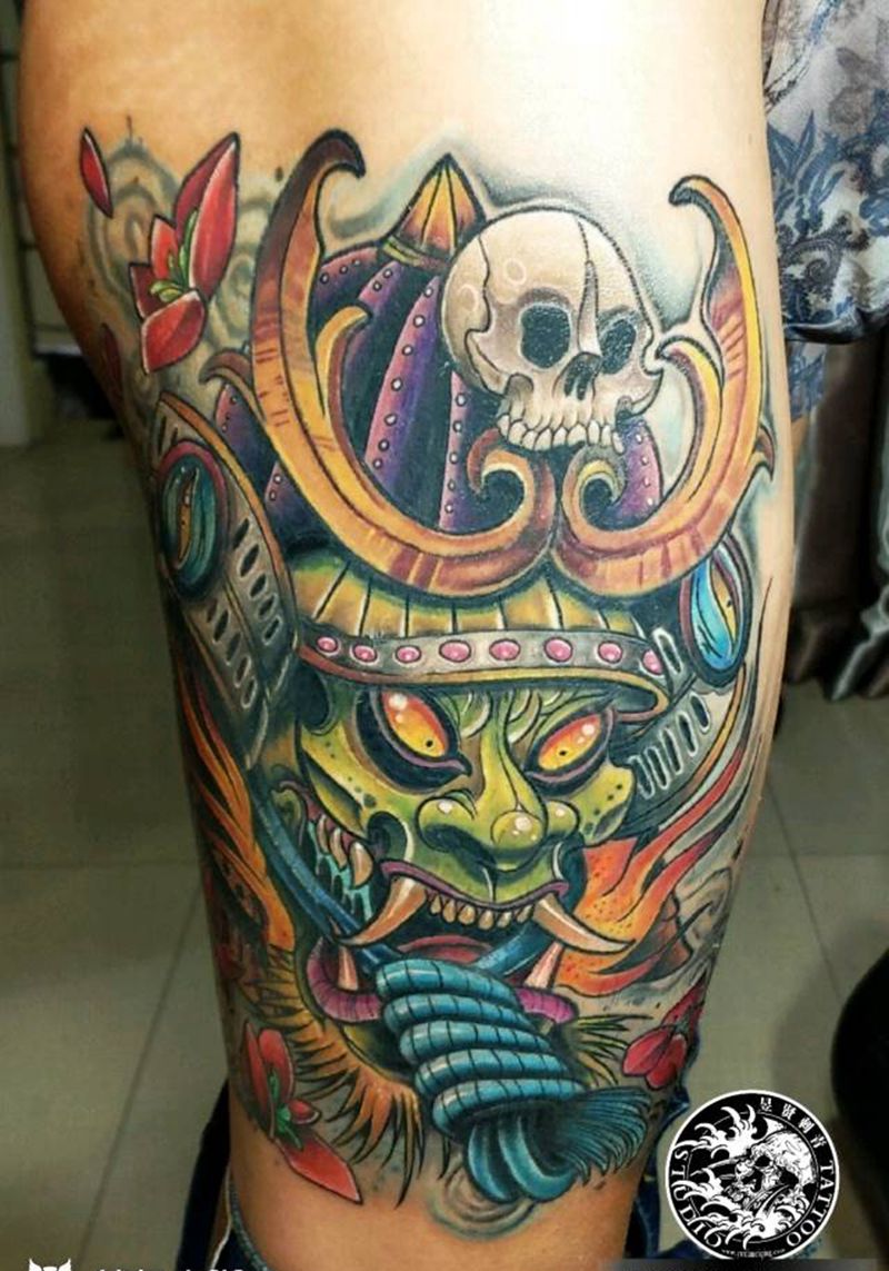 school 鬼武士纹身图片_腿部背部Old SchoolNew School般若大腿重彩纹身图案