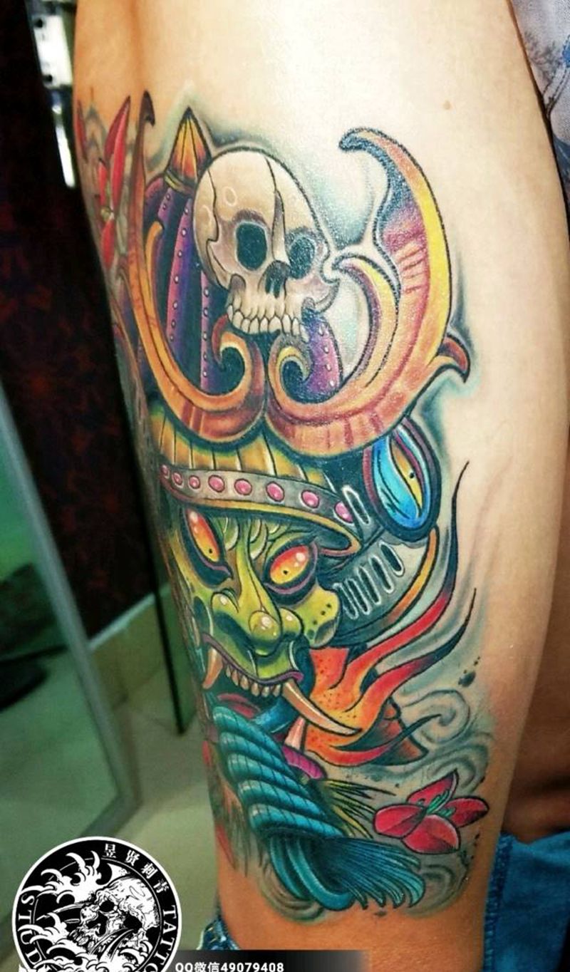 school 鬼武士纹身图片_腿部背部New SchoolOld School般若重彩大腿纹身图案