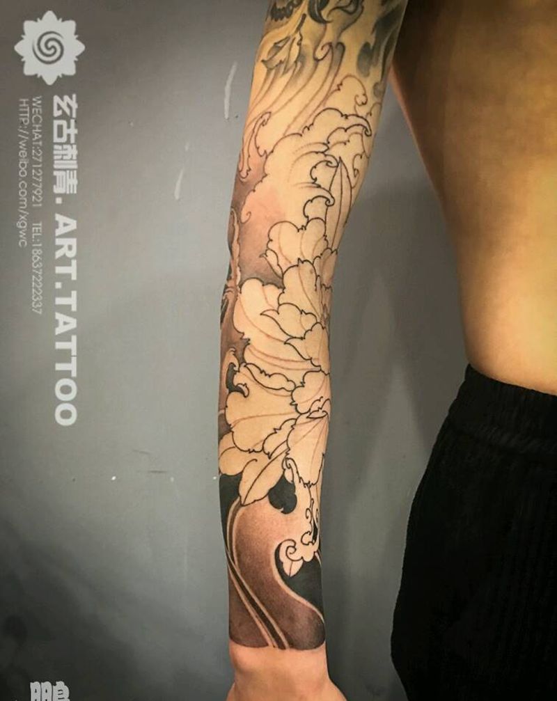 荷花花臂纹身图片_手臂传统习俗国画植物静物鬼神宗教原创成品纹身图案