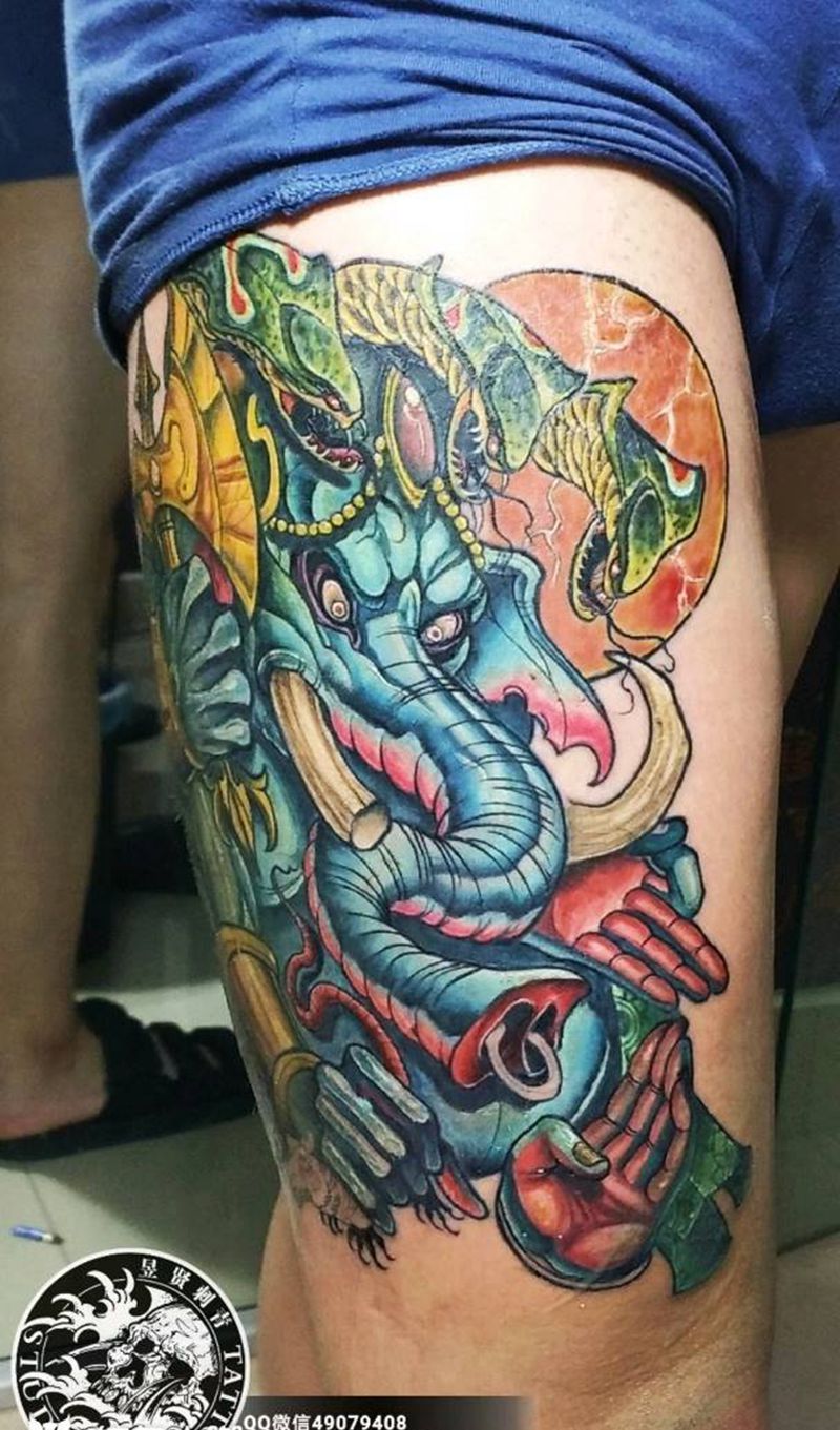 重彩school象神纹身图片_腿部背部Old SchoolNew School重彩schook象神 彩色欧美纹身图案