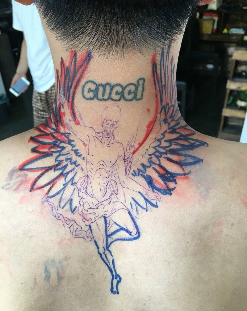 天使恶魔纹身图片_成品肩部欧美人物纹身图案