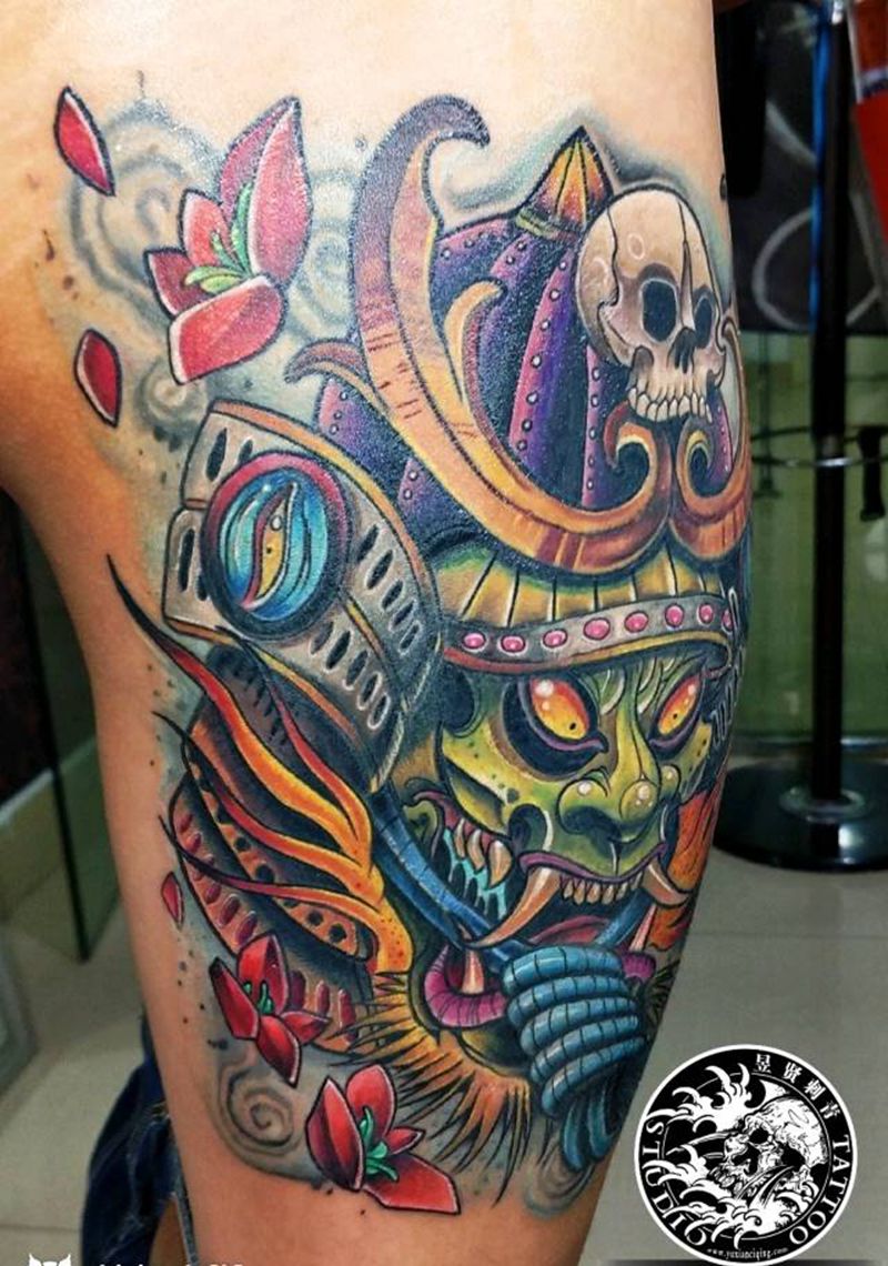 school 鬼武士纹身图片_背部腿部New SchoolOld School重彩大腿般若纹身图案