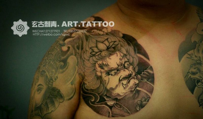 半甲纹身图片_胸部传统习俗写实国画动物鬼神图腾宗教成品纹身图案