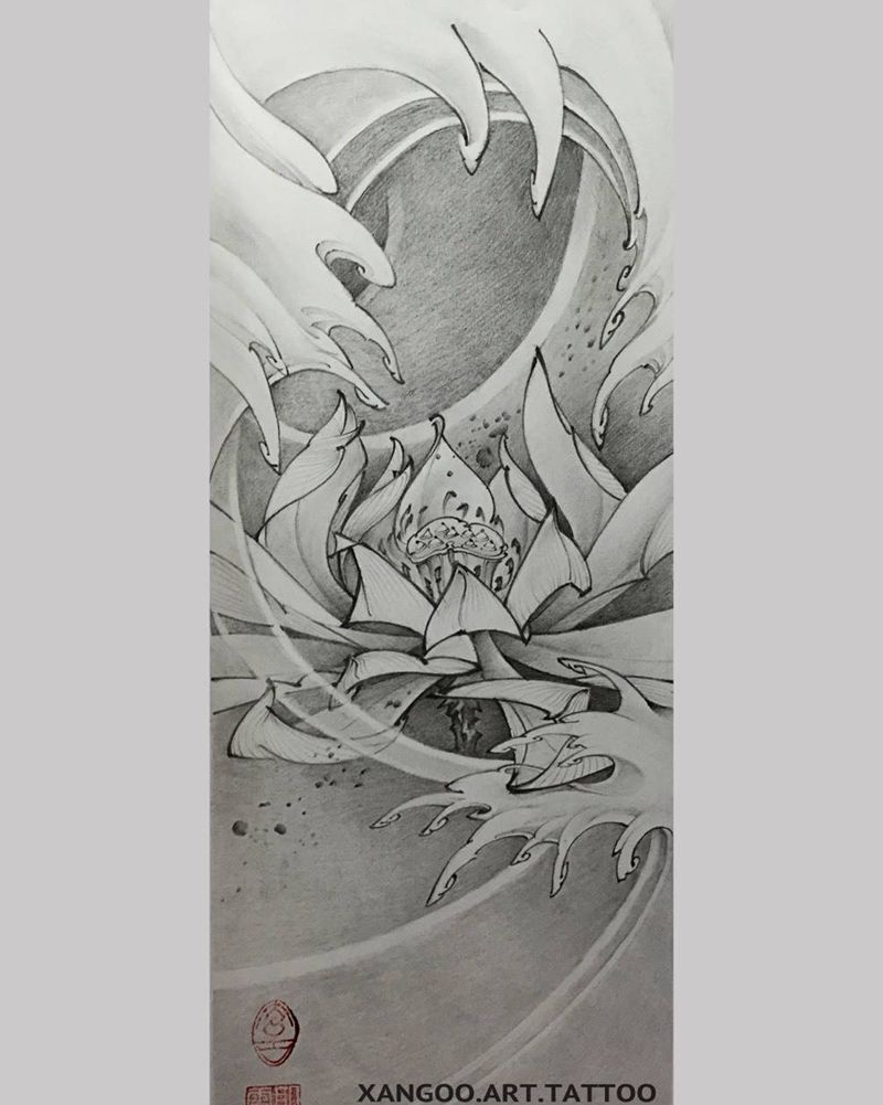 荷花纹身图片_手稿插画原创纹身图案