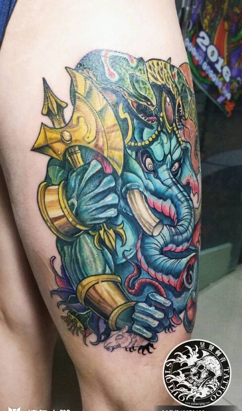 school重彩象神纹身图片_腿部背部Old SchoolNew School重彩 school象神 欧美彩色纹身图案