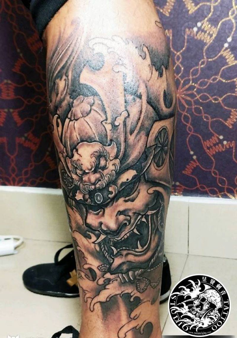 鬼武士纹身图片_腿部背部老传统新传统盔甲纹身图案