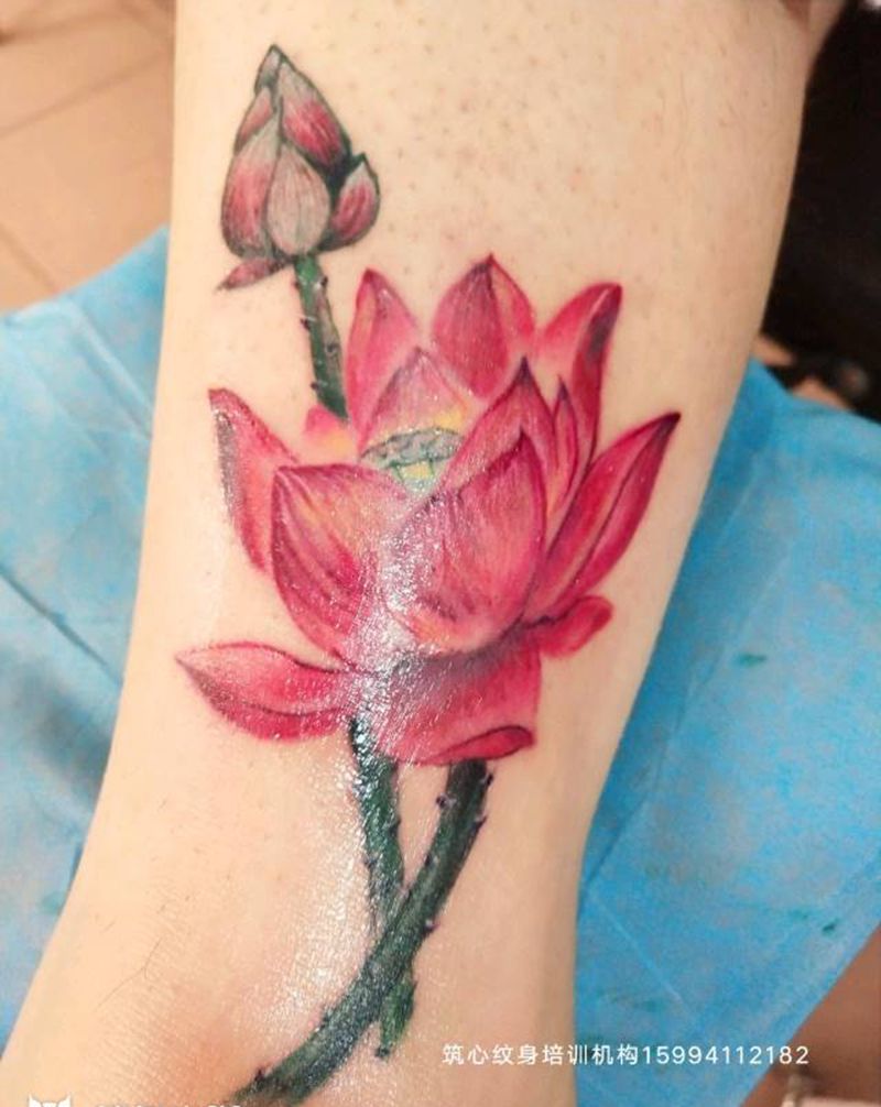 莲纹身图片_脚部水彩新传统纹身图案
