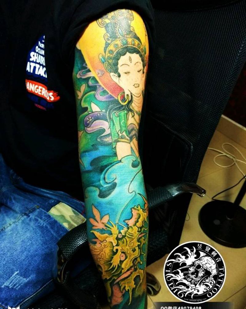 渡母重彩花臂纹身图片_手臂腿部老传统新传统重彩 花臂渡母纹身图案