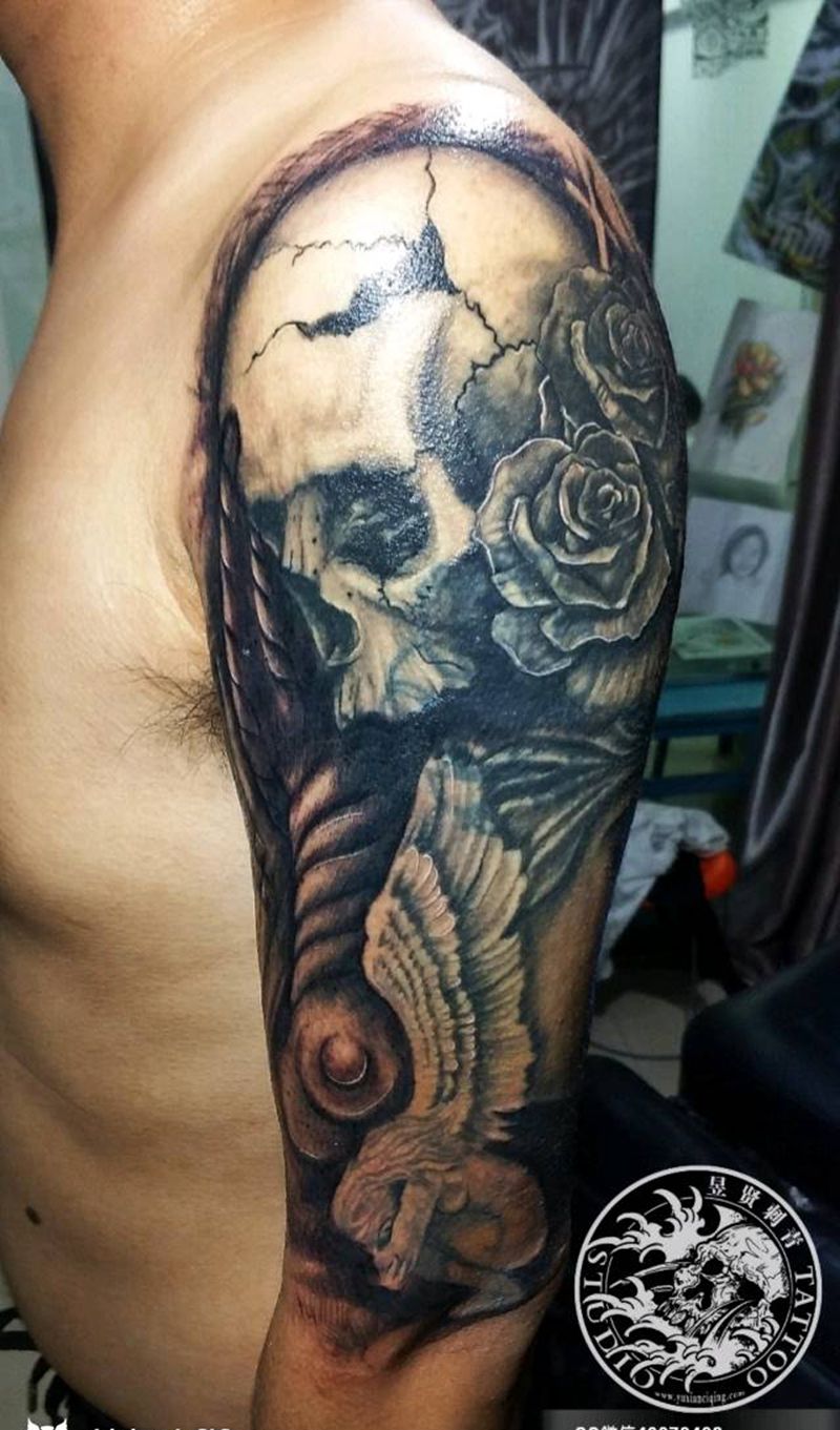 骷髅天使（遮盖）纹身图片_肩部手臂欧美写实纹身图案