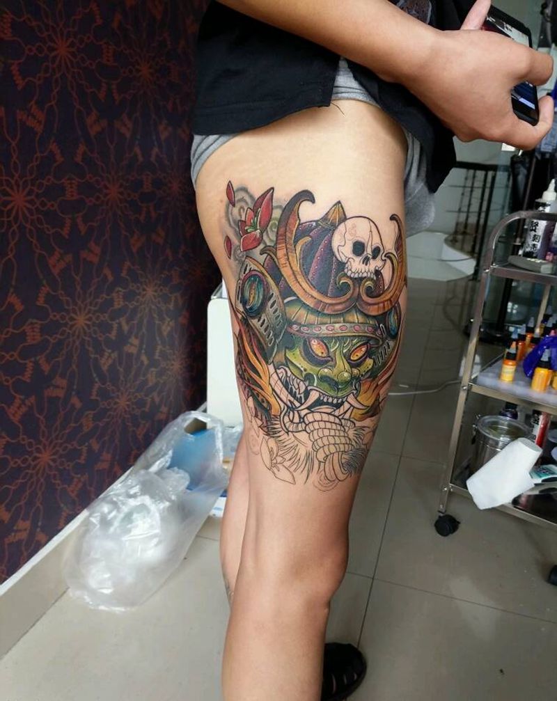 school鬼武士纹身图片_腿部欧美鬼神鬼武士成品纹身图案