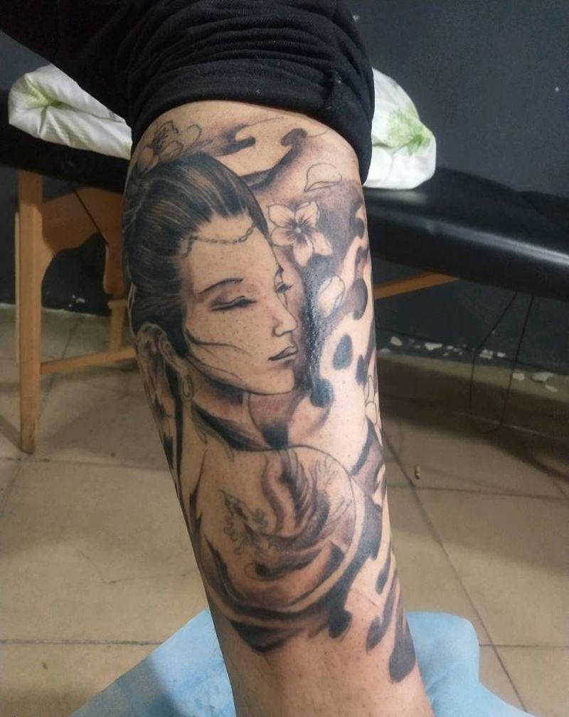 艺伎般若包小腿纹身图片_腿部新传统纹身图案